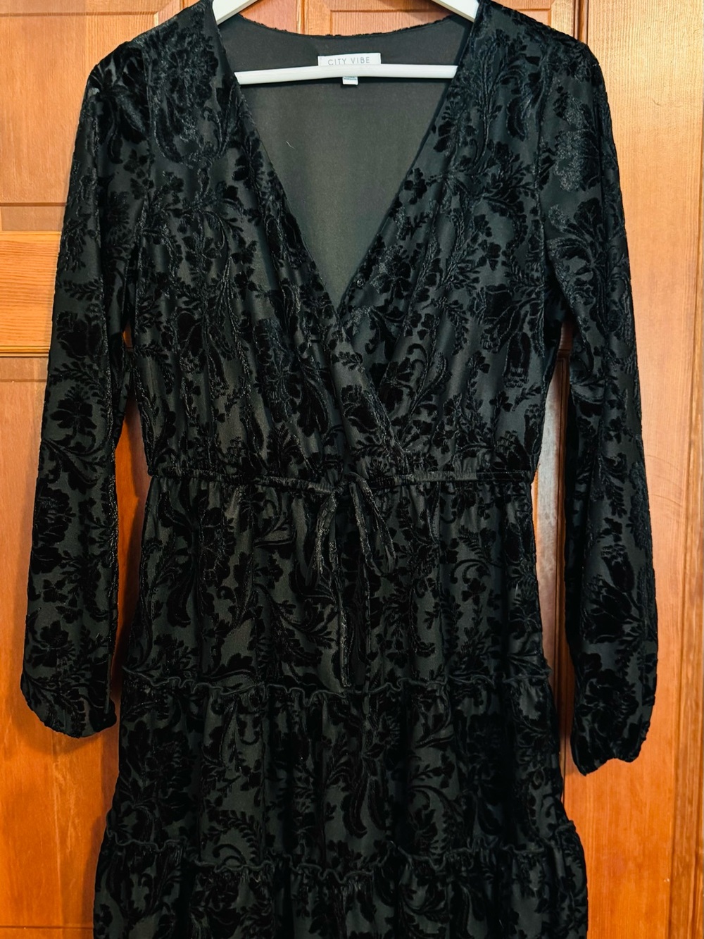 City Vibe Black Velvet Burnout Wrap Maxi Dress